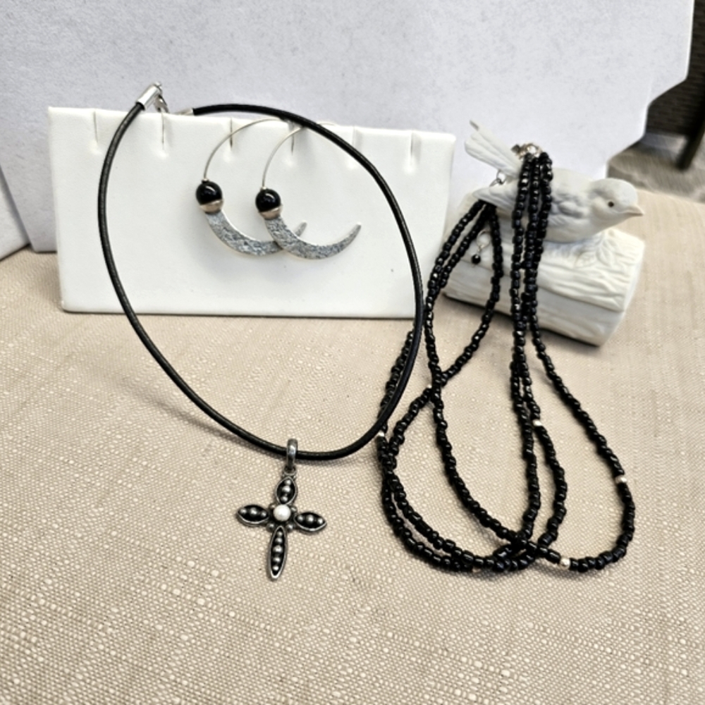 Silpada 3 Piece Set Pearl Cross Necklace, Bead Necklace, and Hoop Earrings